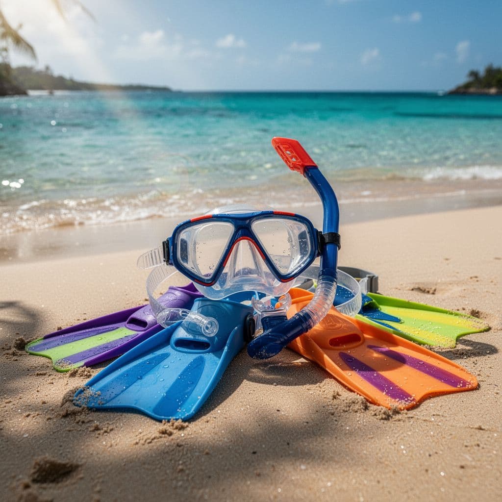 Brightly colored child snorkel mask and fins resting on a sandy tropical beach.