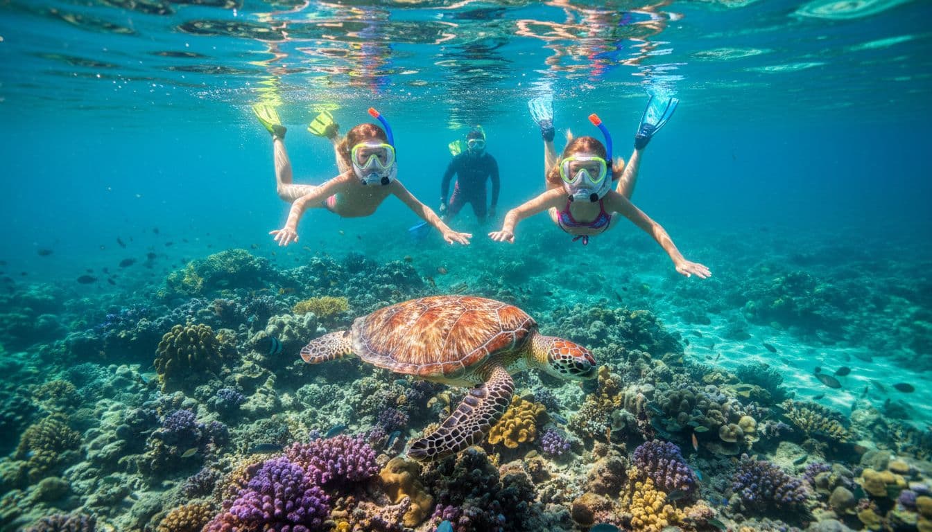 A young boy and girl in colorful snorkel gear float happily near a Hawaiian green sea turtle at a vibrant Waikiki reef, observed by a professional guide, with sunlight rays piercing clear turquoise waters.