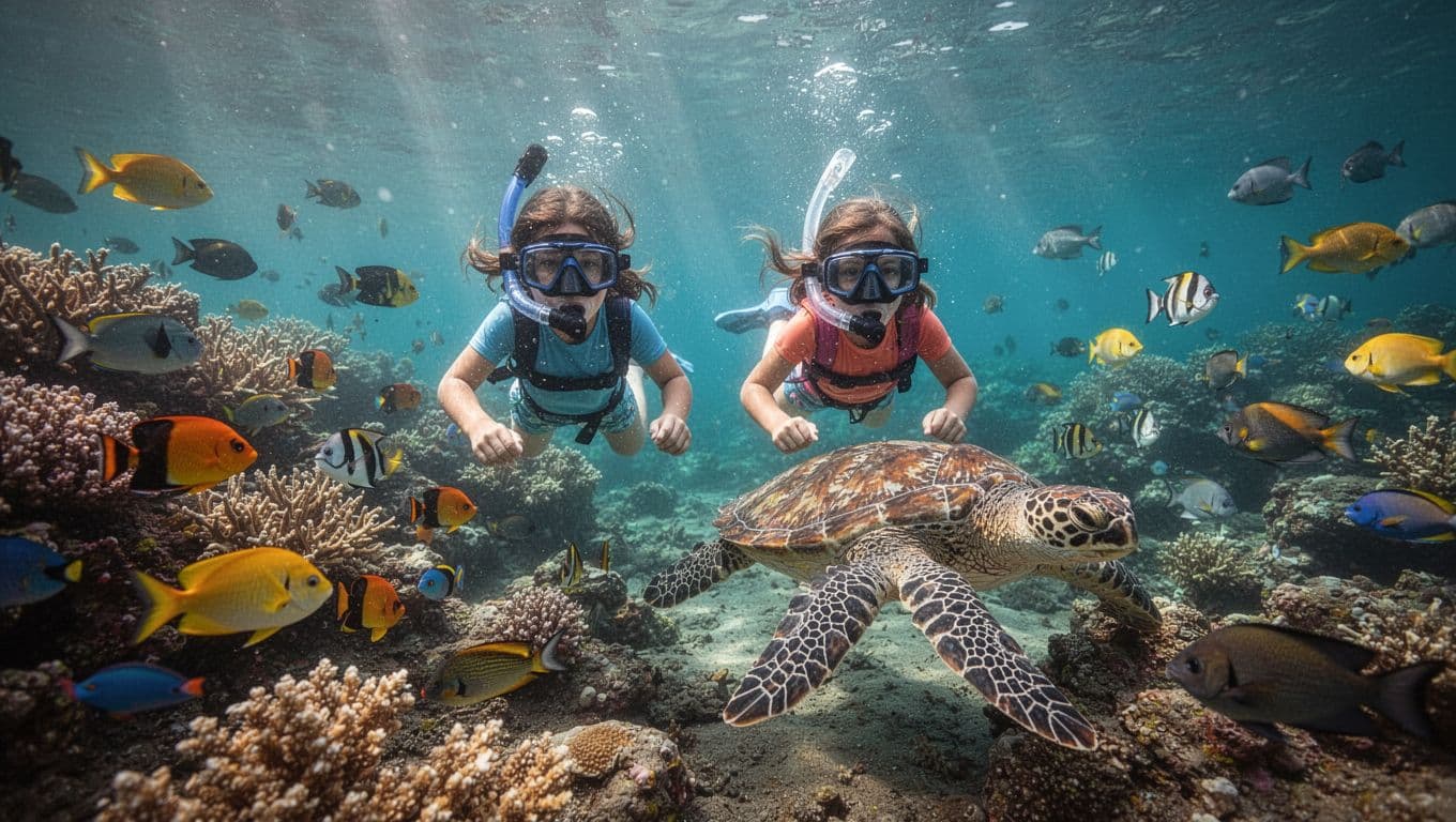 Underwater view of two kids snorkeling near a vibrant coral reef, tropical fish, and sea turtle in clear waters off the Kona coast of Big Island during daytime.
