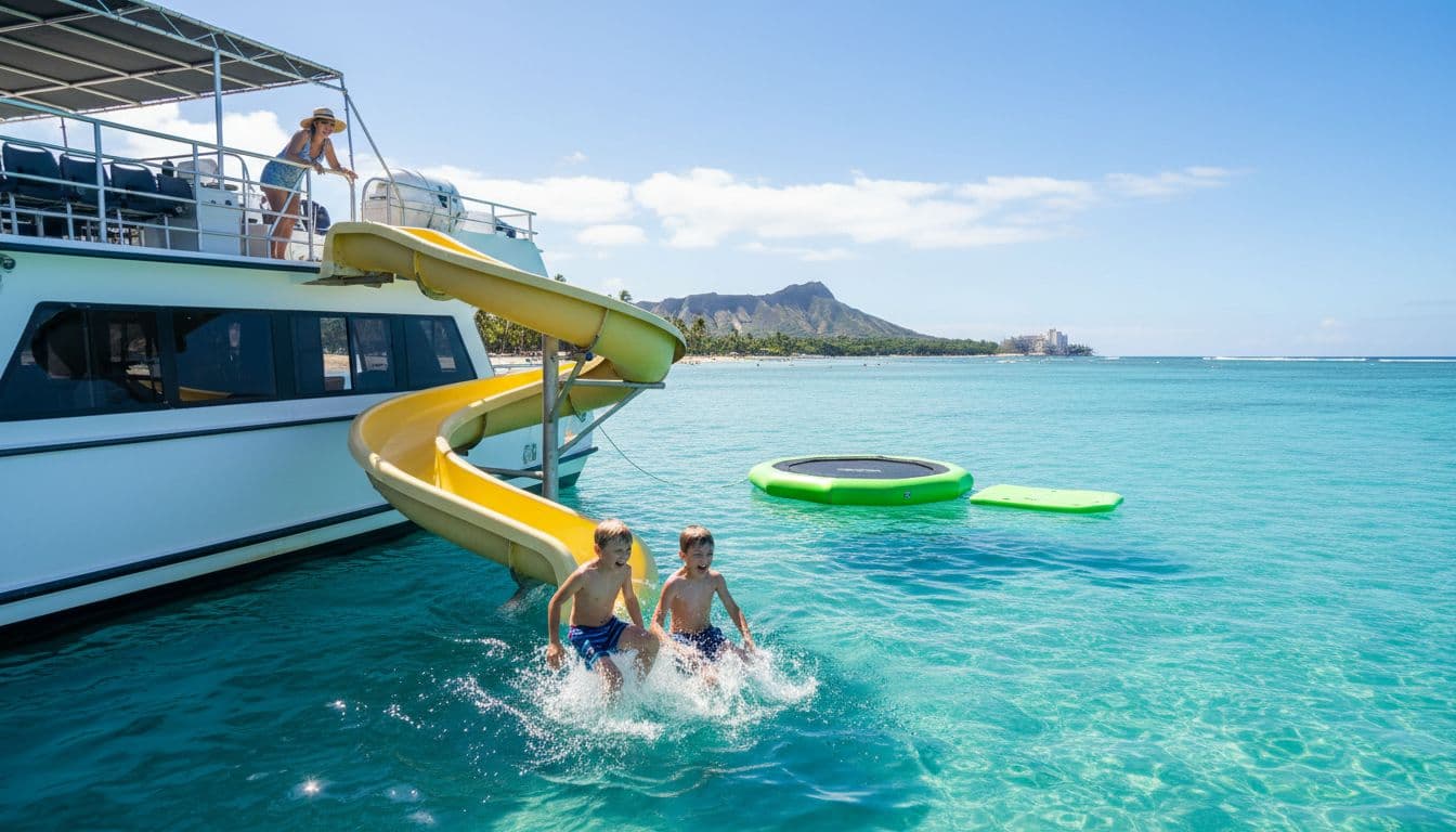 Excited young kids slide down a boat-mounted water slide into turquoise ocean off Waikiki, Hawaii, with double-decker boat, water trampoline, and lily pad nearby; one parent watches smiling from deck on sunny tropical day.