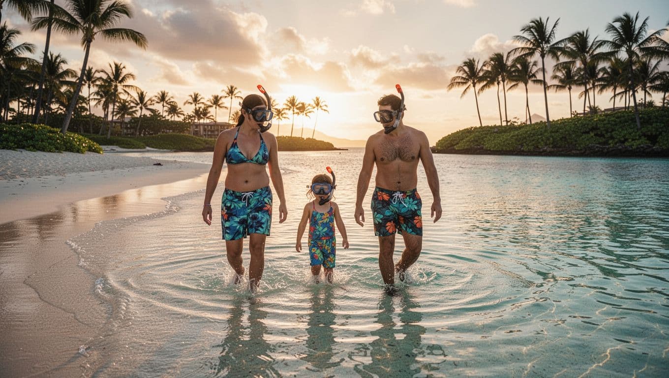 Calm turquoise lagoon at Ko Olina, Oahu, with two adults and one child entering shallow clear water for snorkeling near a sandy beach, palm trees in background, cinematic golden hour lighting.