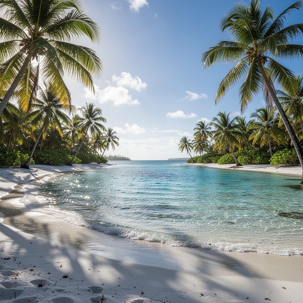 Crystal-clear tropical lagoon with gentle waves and vibrant blue water framed by palm trees and white sand.