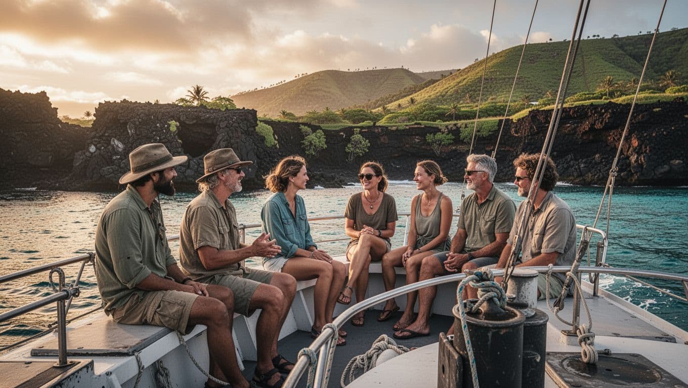 Tour boat cruising Kohala Coast, Big Island Hawaii at sunset toward manta ray snorkel site with calm turquoise ocean, black lava cliffs, green hills, and five adventurers chatting on deck in cinematic golden light.