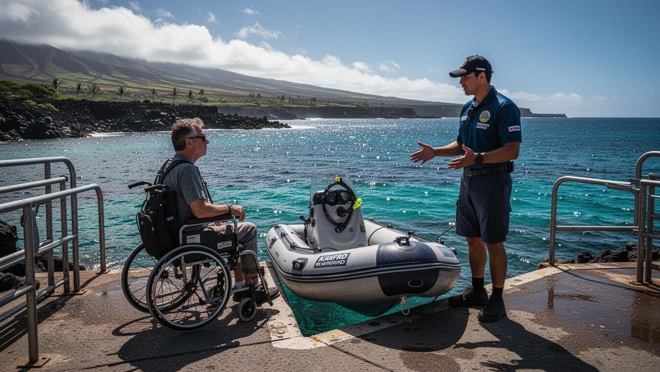A wheelchair user speaks with a guide beside a snorkeling boat at Kona harbor.