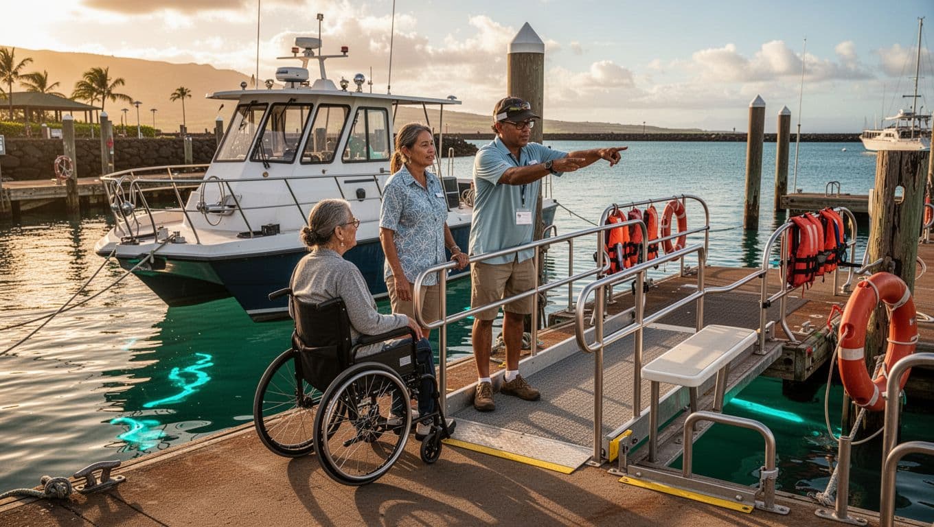 A wheelchair user and guide discuss boarding beside a dock and ramp in golden afternoon light.