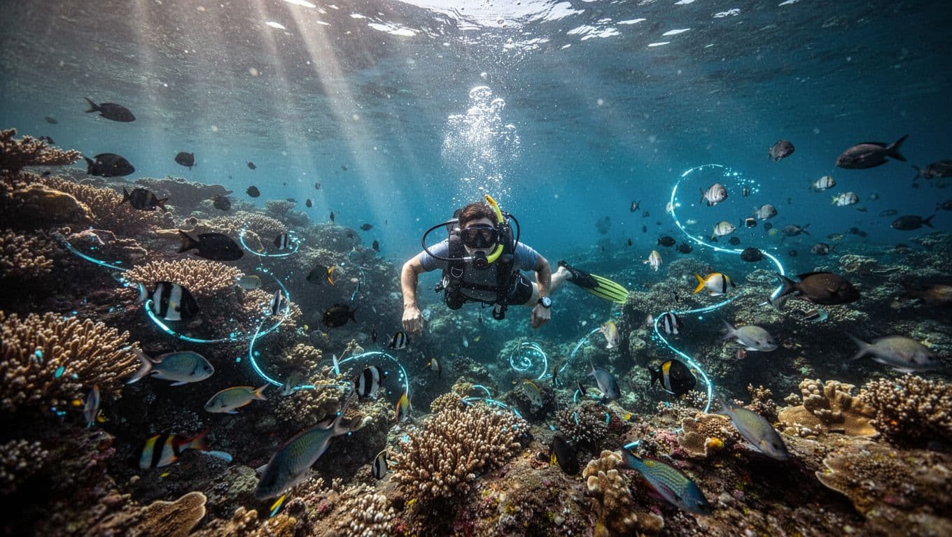 A lone snorkeler swims above a colorful coral reef in sunlit blue water.