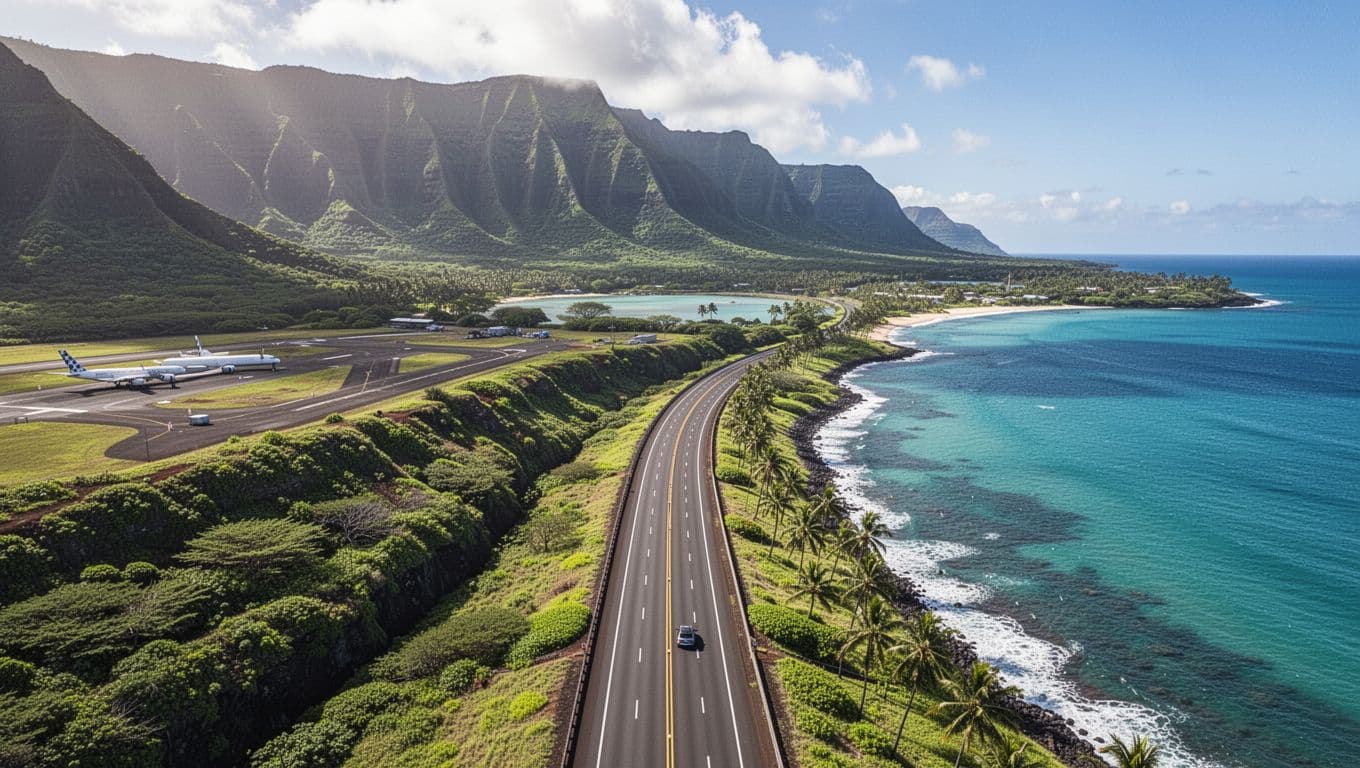 Stunning aerial perspective of the coastal highway driving south from Kona International Airport along Big Island's lush green mountains and turquoise ocean toward Kealakekua Bay for Captain Cook snorkel tours. Cinematic style with dramatic lighting, one car on road, sunny tropical day.