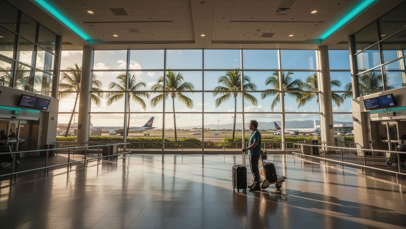 Kona airport terminal with palm trees, cyan lights, and one traveler with luggage.