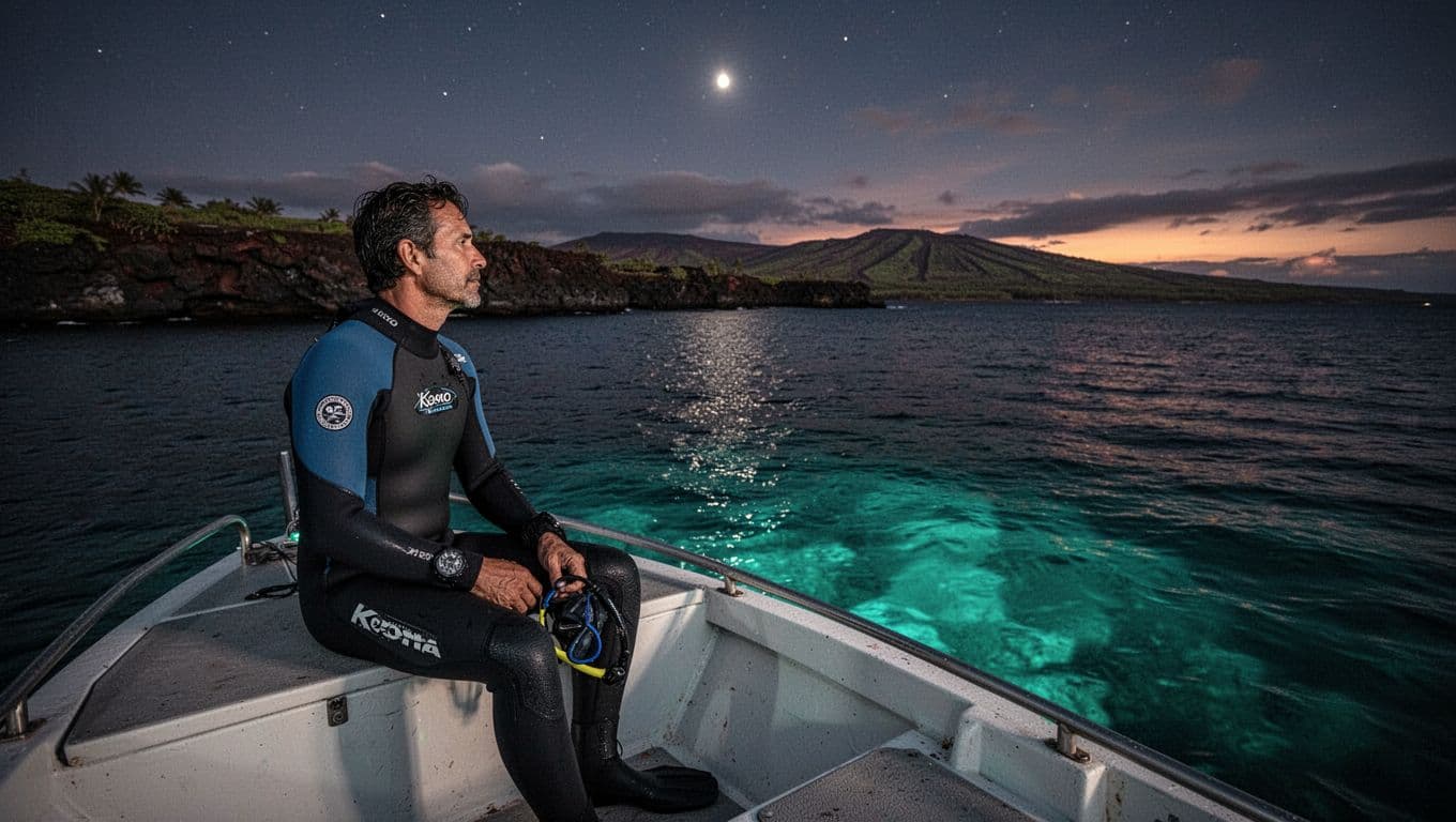 A wetsuit-clad traveler sits on a boat beside a dark, glowing ocean.