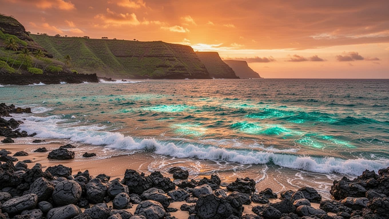 Serene flat turquoise ocean off Kona on Hawaii's Big Island during a summer evening, featuring volcanic black lava rocks in the foreground, gentle waves lapping the shore, distant green cliffs, and a vibrant orange sunset sky with dramatic cinematic lighting and water reflections.