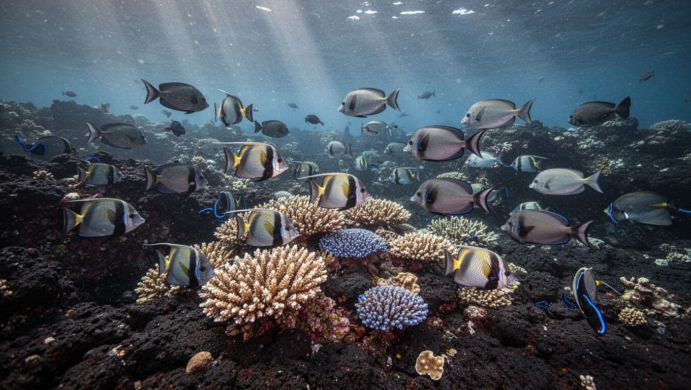 Vibrant underwater coral reef off Kona, Big Island, Hawaii, with schools of tropical fish like butterflyfish and surgeonfish around black lava formations, clear water with sunlight rays, cinematic style.