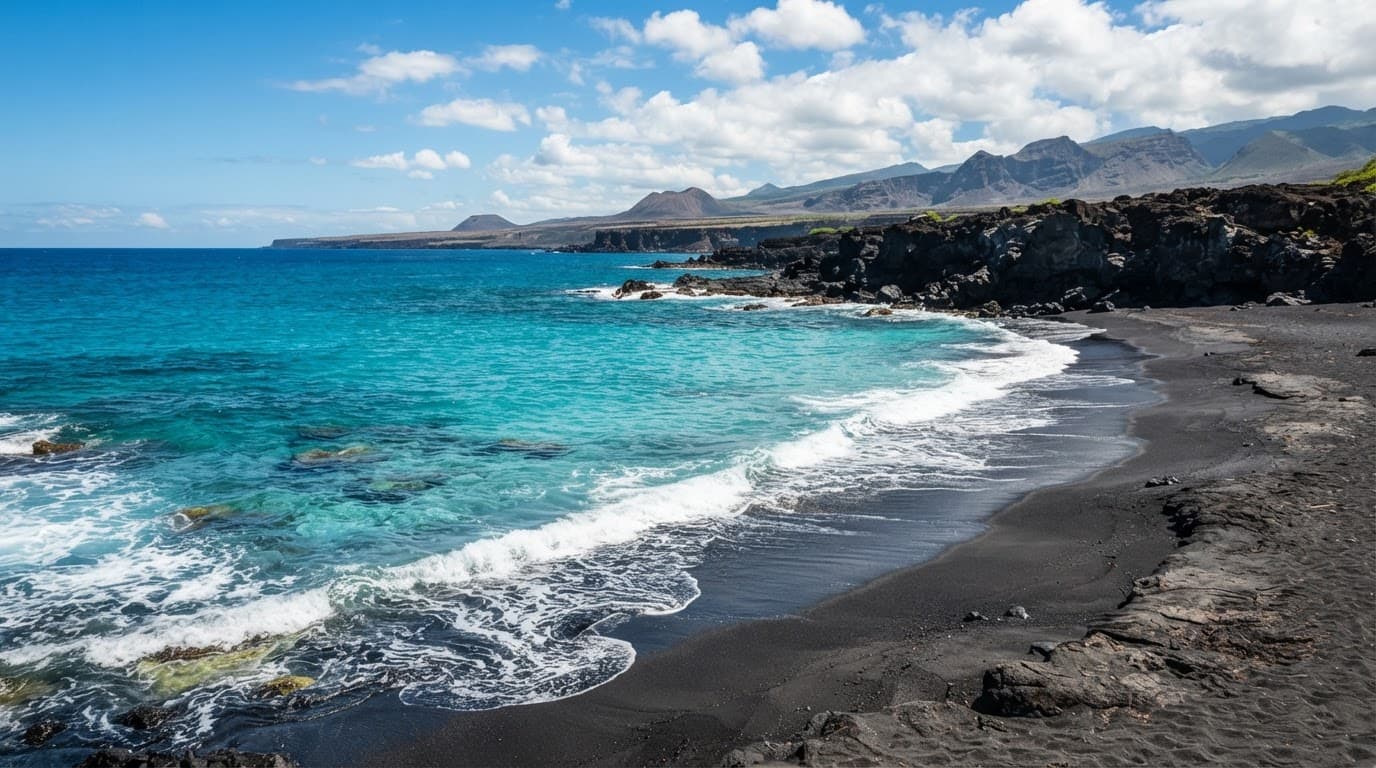 Black volcanic sand meets clear turquoise ocean water on Hawaii's Big Island.