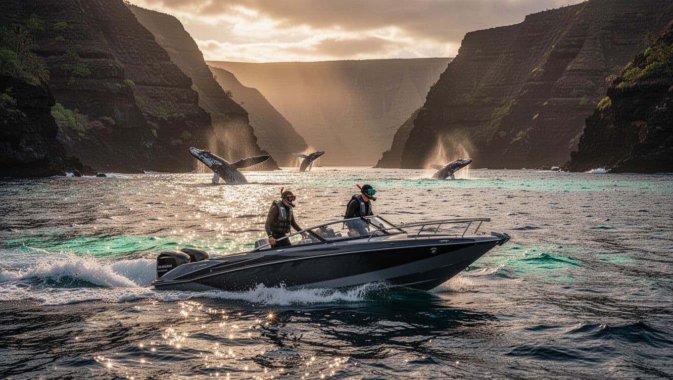 Speedboat cruises Kona coastline at sunset; whales breach distantly, two snorkelers prep gear on deck.