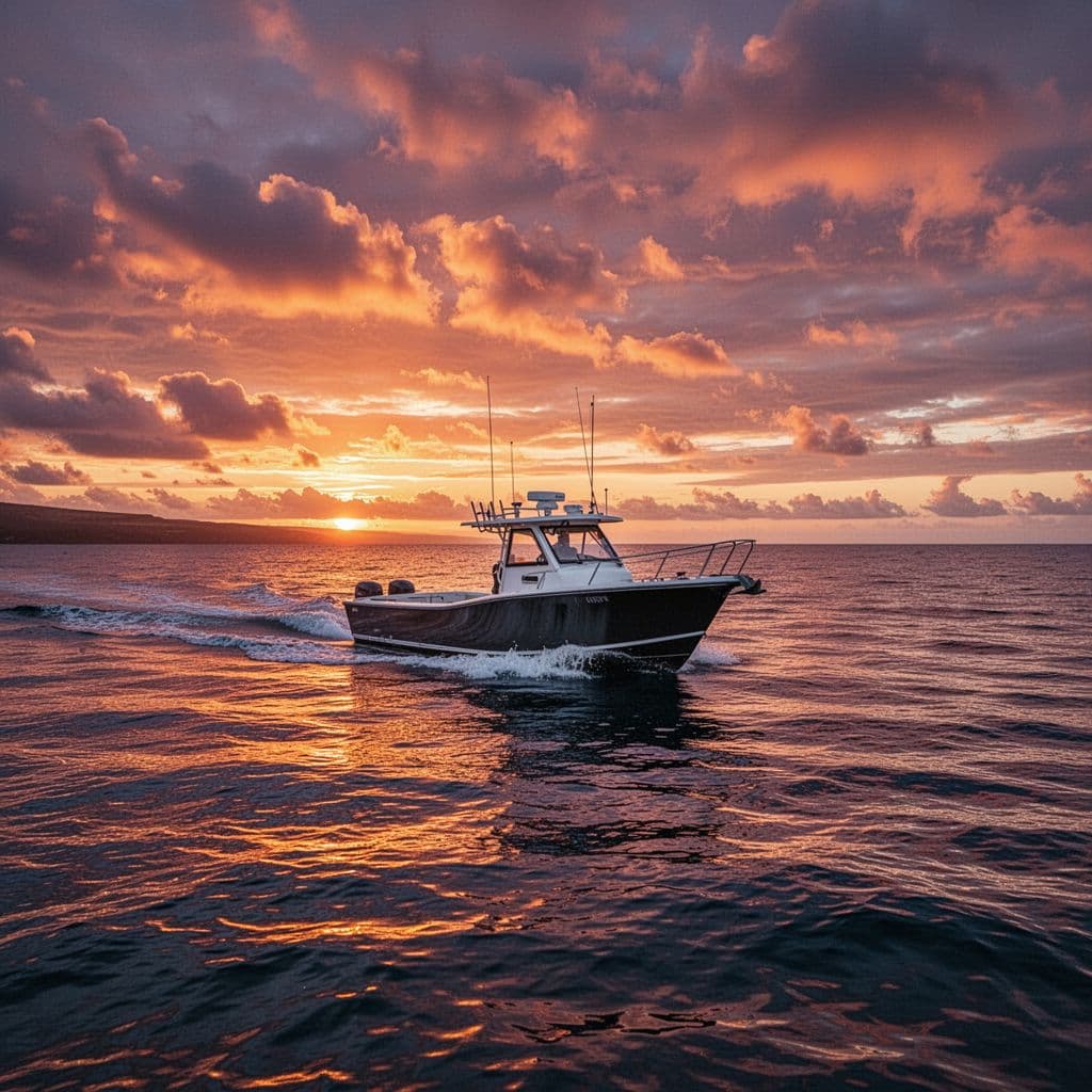 A sleek boat travels across the ocean near the Kona coast under a vibrant sunset sky.