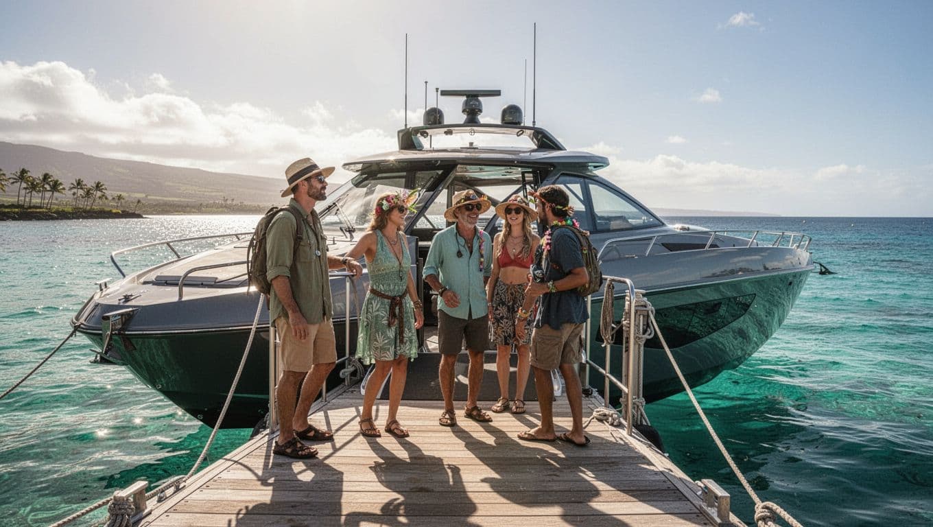 Four travelers prepare to board a modern boat in sunny Kona with bright blue ocean water.