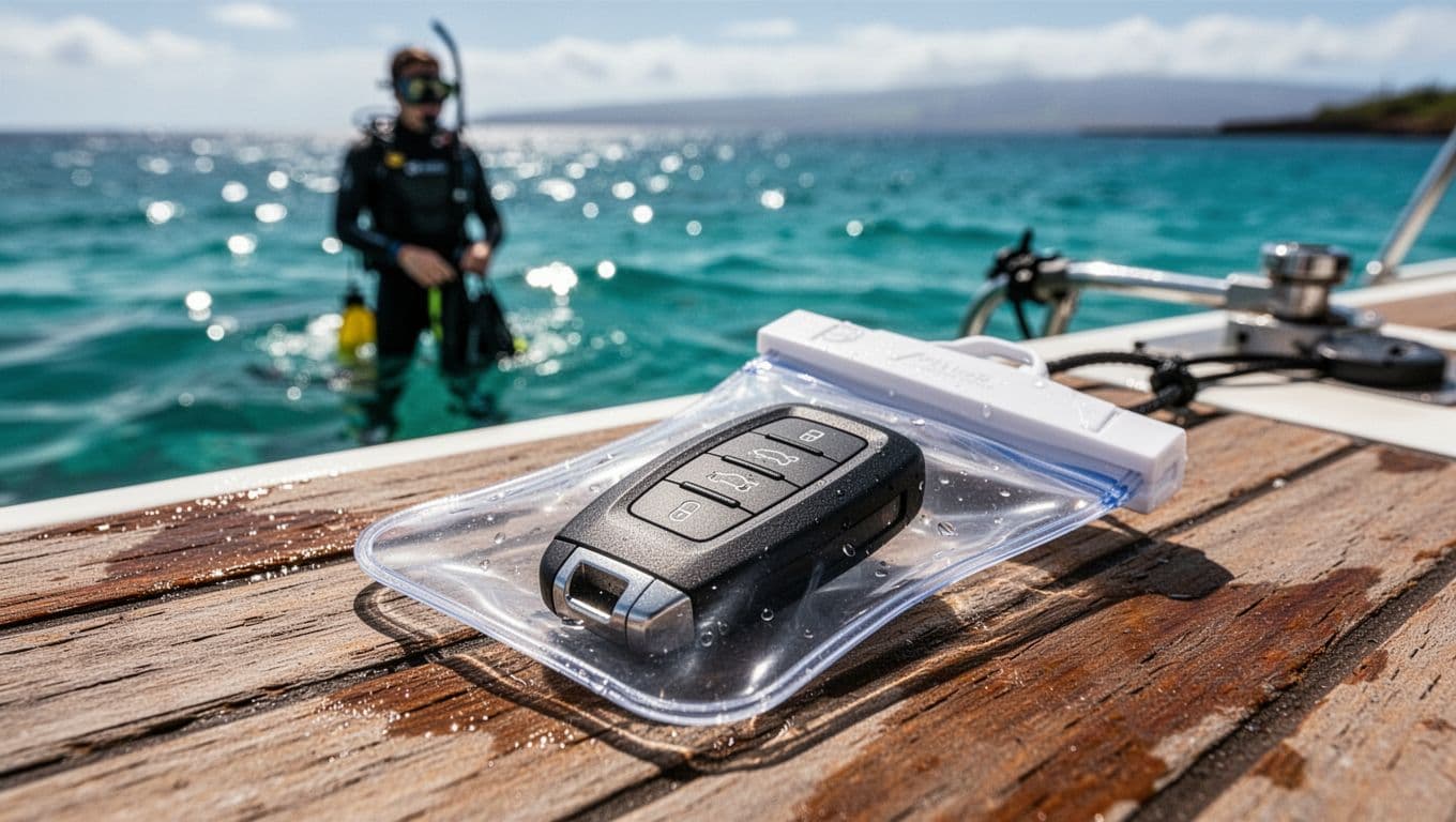 A car key in a waterproof pouch on a boat deck with the ocean behind it.