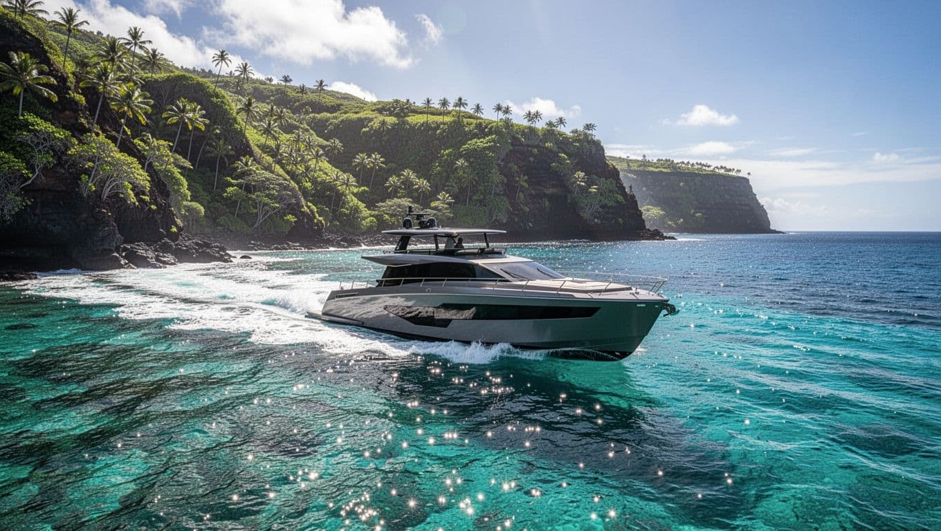 A tour boat cruises through turquoise water along Hawaii's sunny Kona coast.
