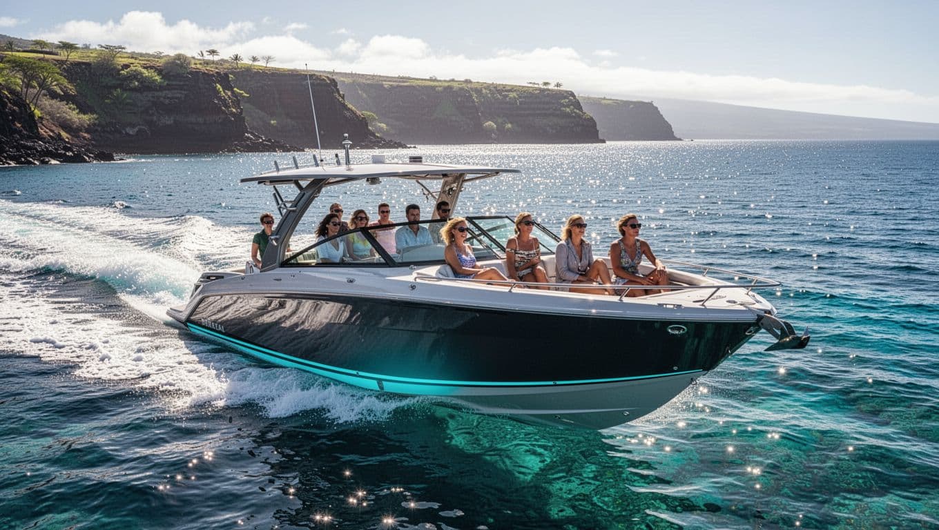 A sleek speedboat cruises through bright blue water with passengers along the Kona coast.