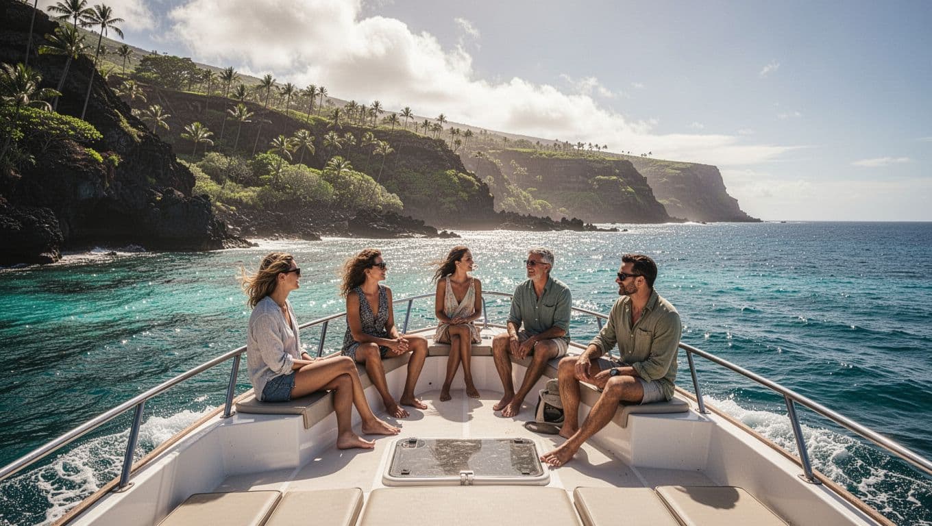 Four passengers relax on the deck of a sleek vessel cruising through sparkling cyan waters. They admire the rugged volcanic coastline under bright sunlight while enjoying the refreshing ocean breeze together.