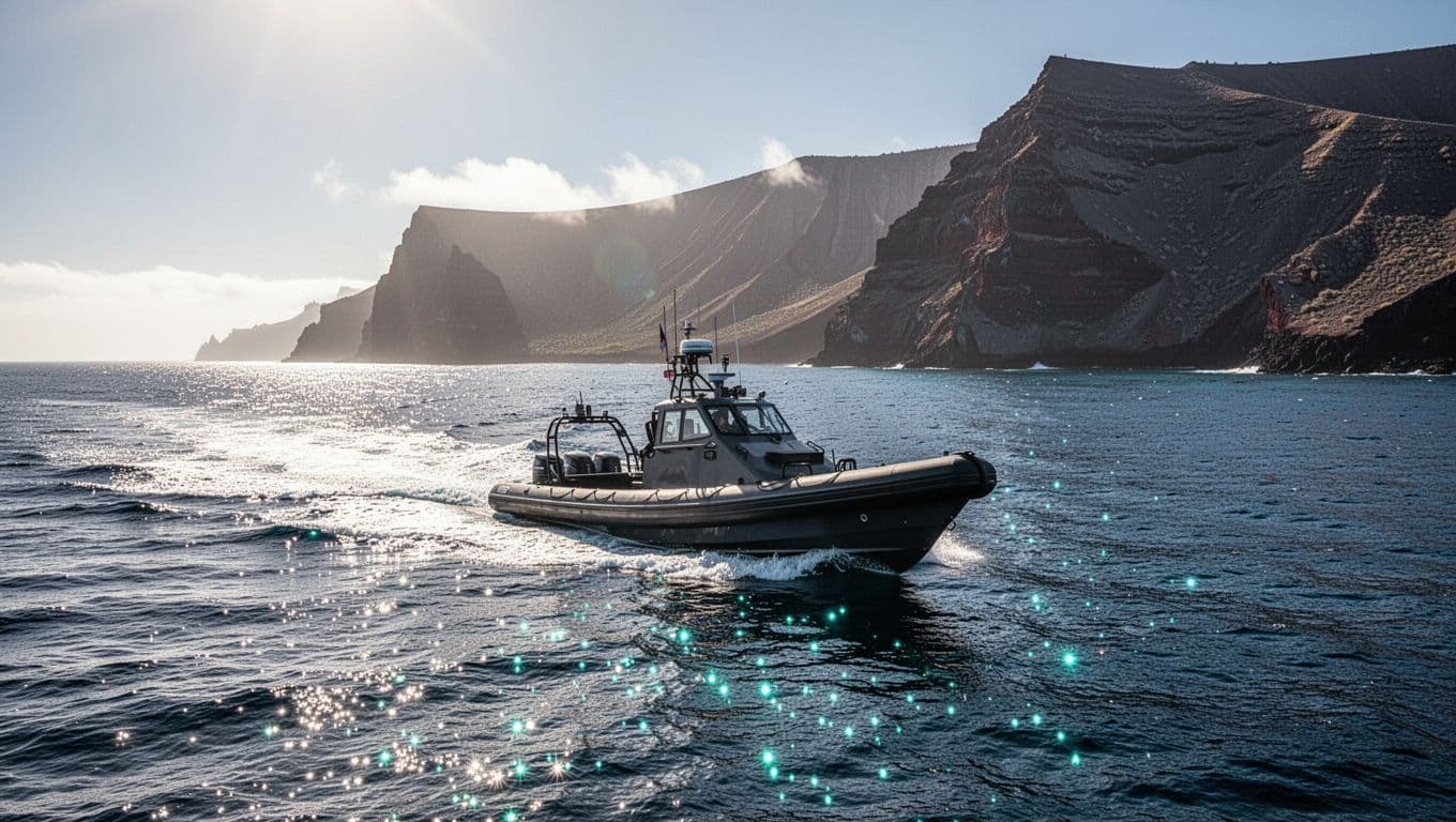 A sleek inflatable boat speeds across the blue ocean near a dramatic volcanic shore.