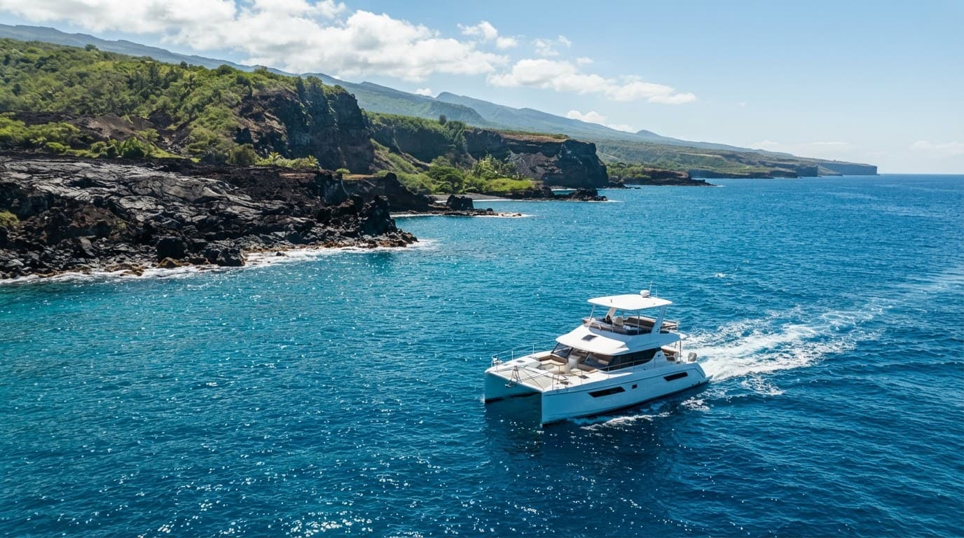 A charter boat cruises beside Hawaii's volcanic Kona coastline.