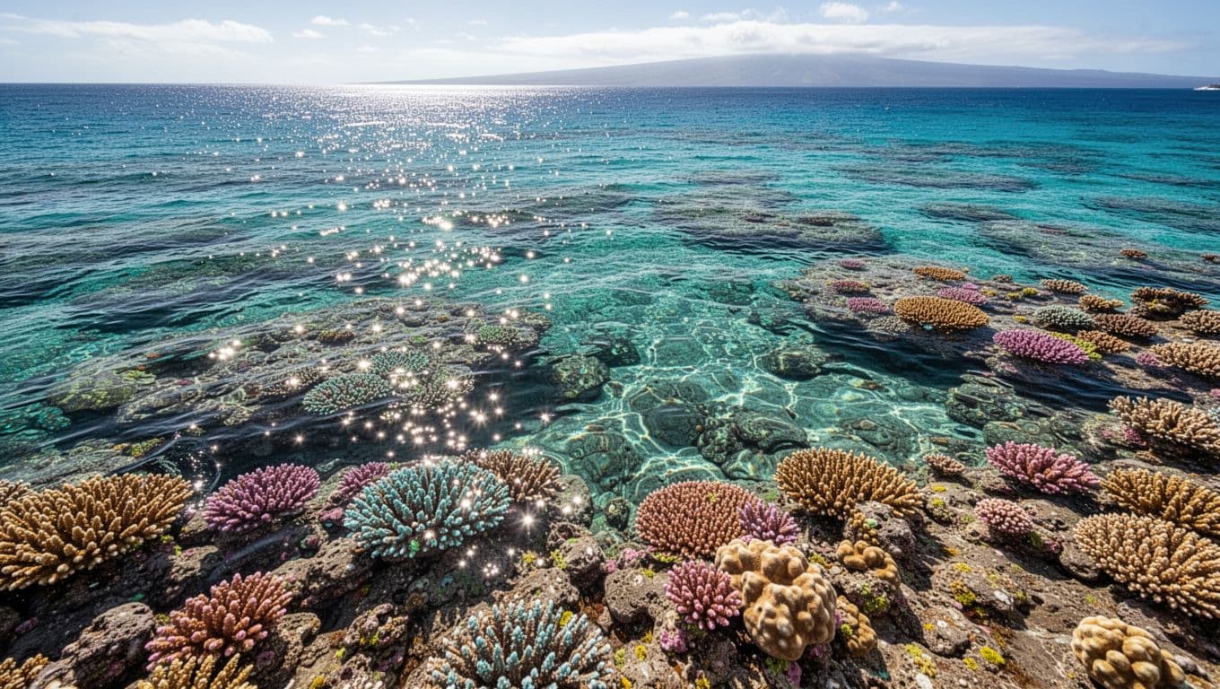 Clear tropical water over a colorful coral reef near Hawaii's Kona coast.