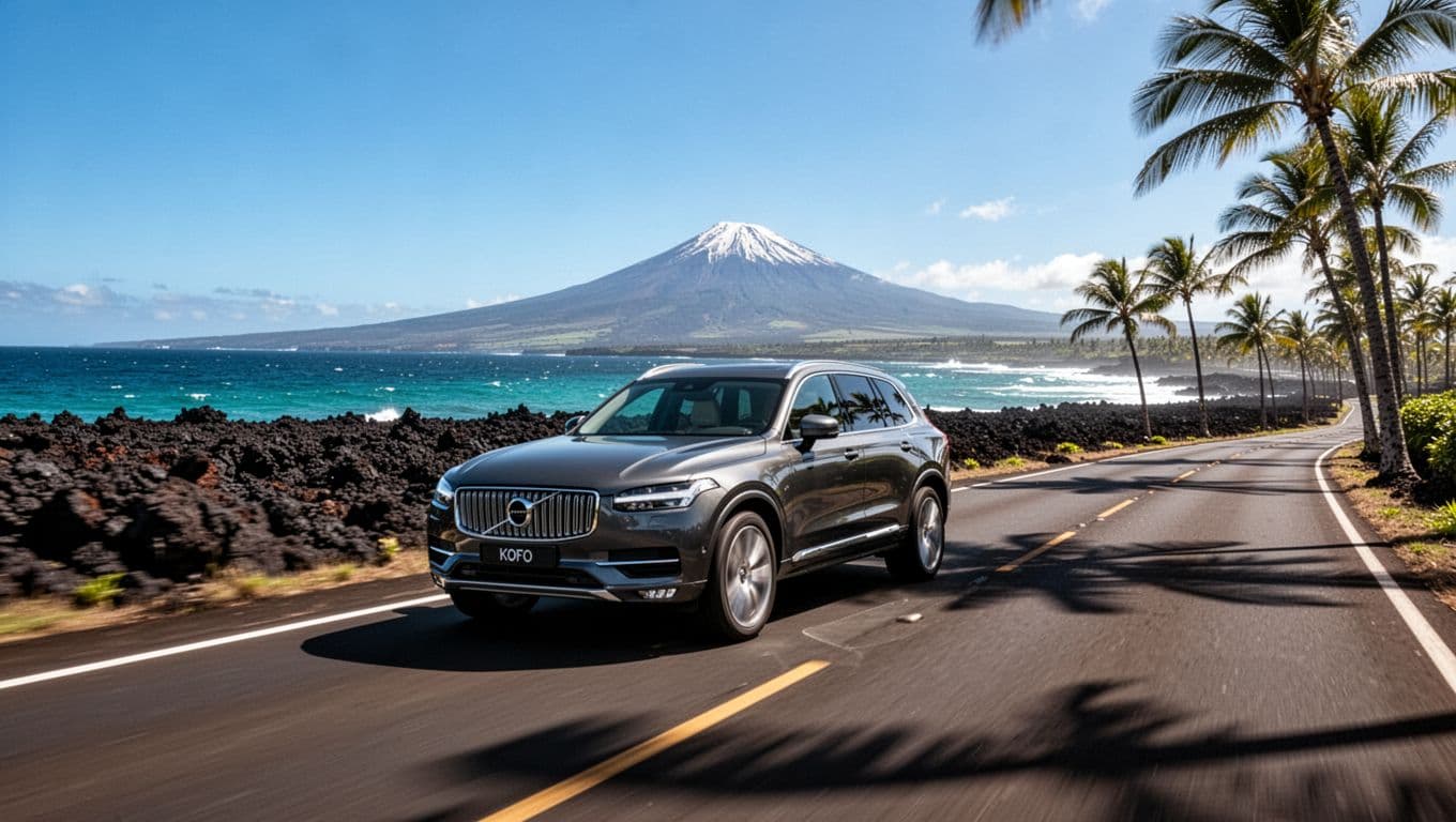 Luxury SUV drives past black lava fields, turquoise ocean, and palm trees on Kona coast highway, distant Mauna Kea under blue sky.
