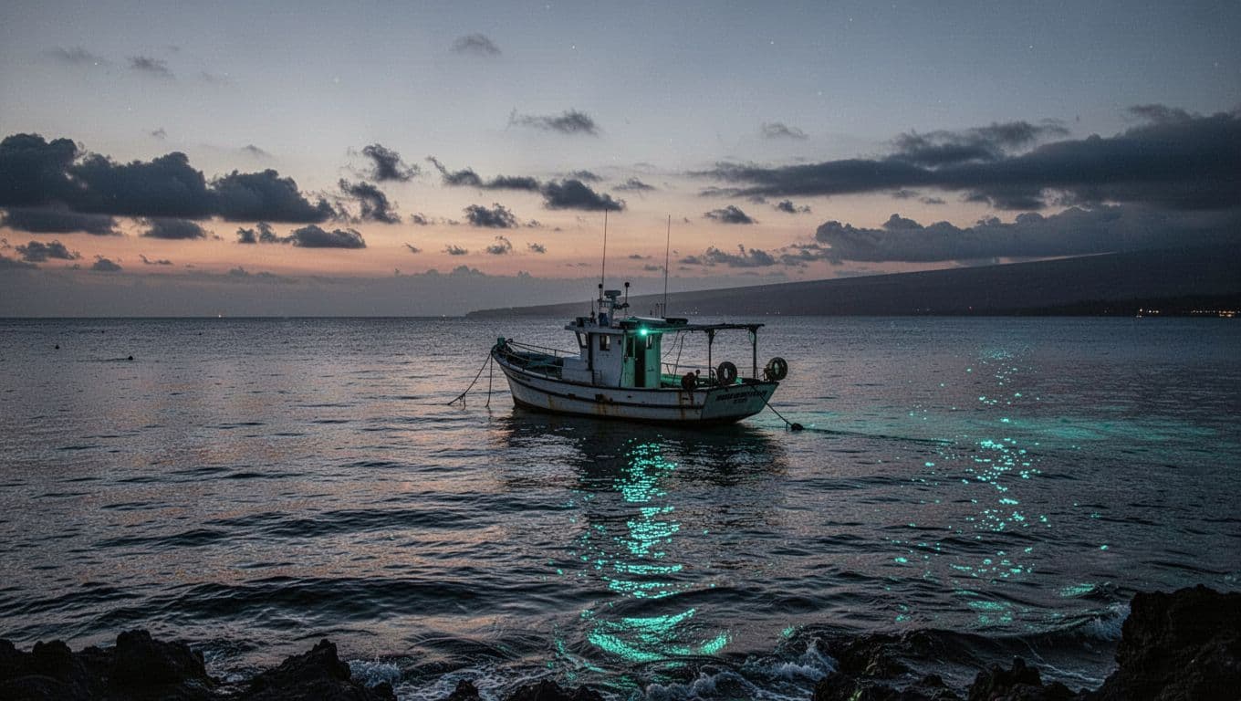 A sleek vessel floats in tranquil turquoise waters off the Kona shoreline during sunset. Low light highlights the shimmering ocean surface and the silhouette of the boat against the dark horizon.