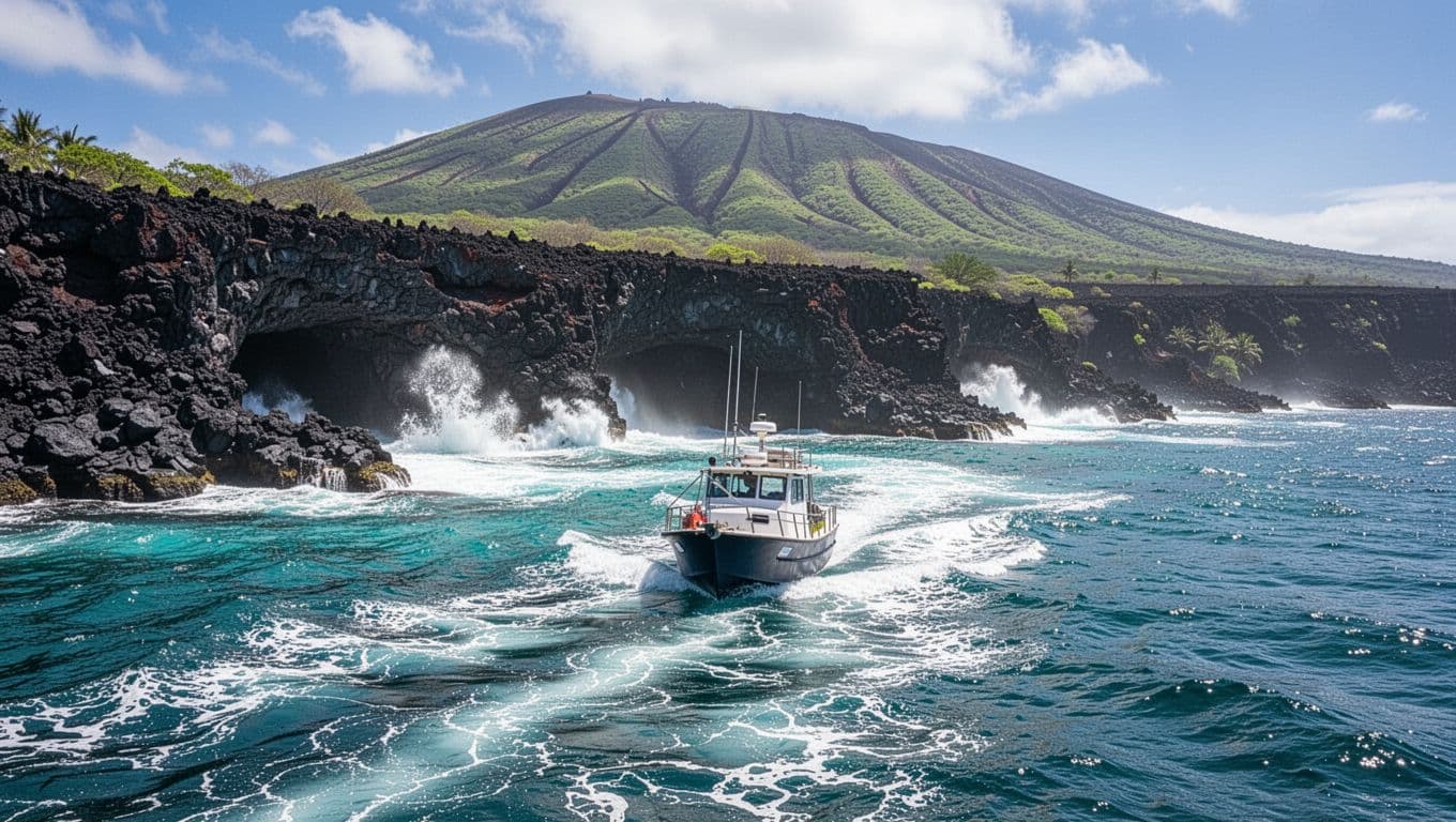 Rugged black lava cliffs and mysterious sea caves along the Kona Coast, Big Island, Hawaii, during a snorkel cruise with a small boat navigating turquoise waters and waves crashing against rocks.