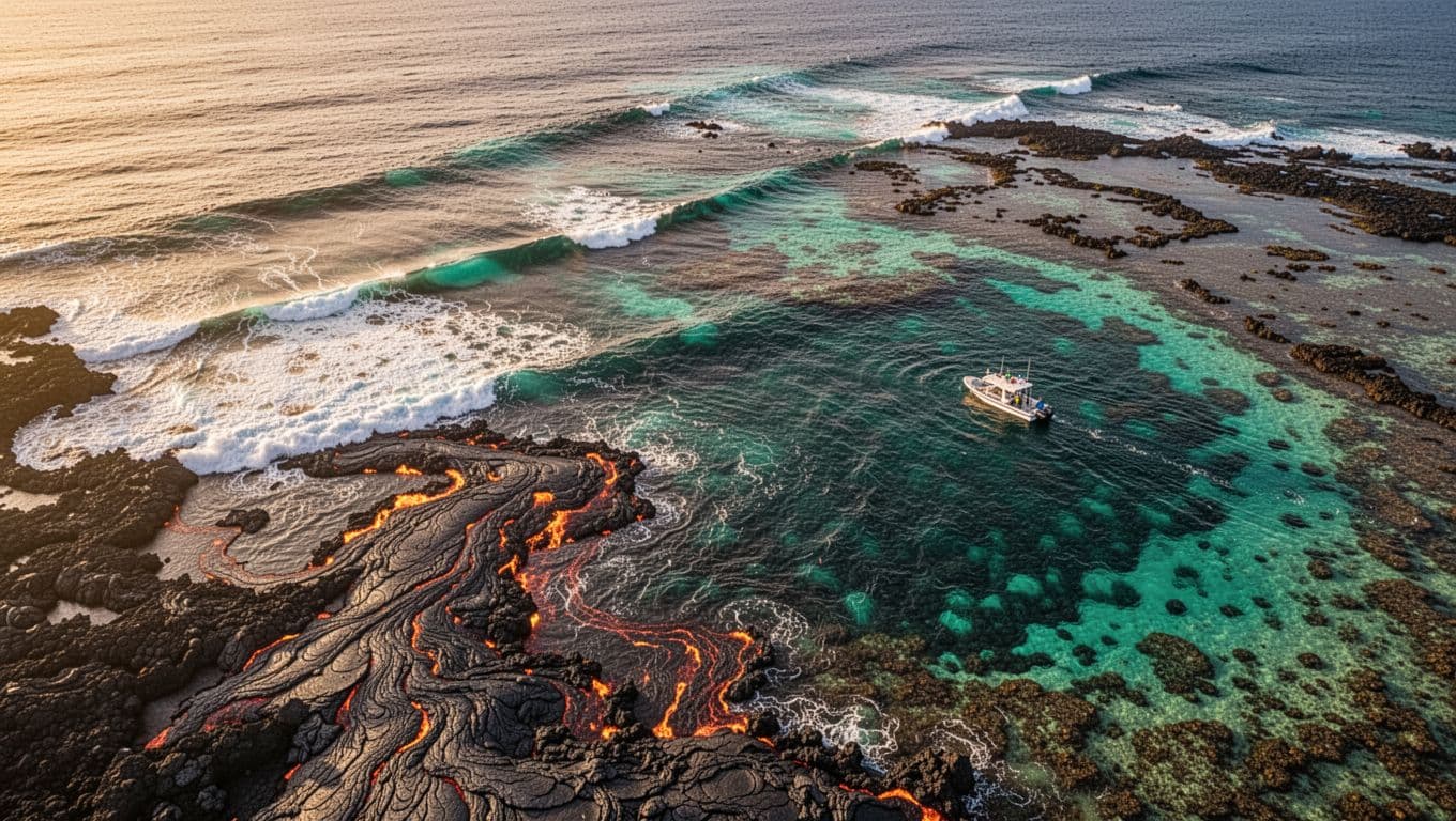 Aerial view of Kona coast lava flows entering turquoise ocean, forming reef shallows with snorkel boat nearby.
