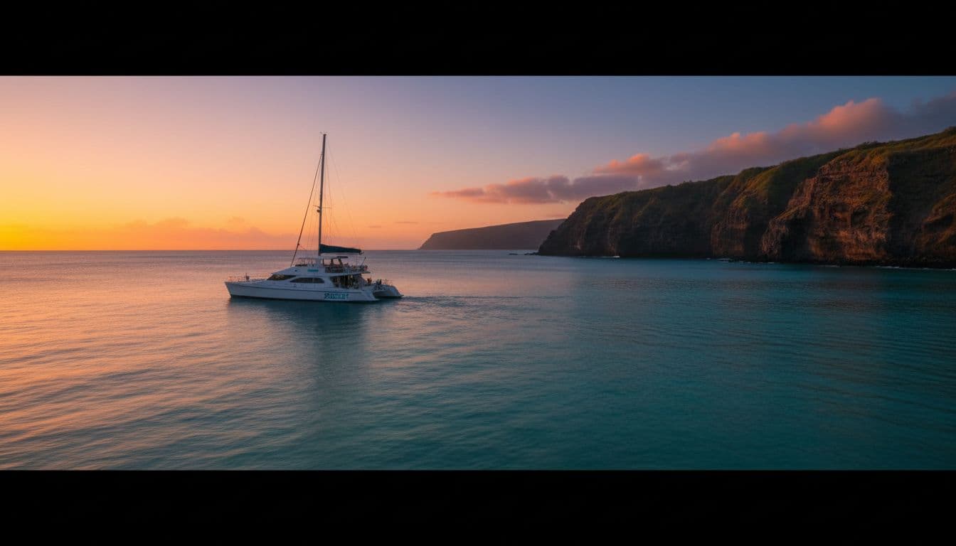 Empty boat heads out from Kona coast at dusk over turquoise waters with volcanic cliffs in golden light.