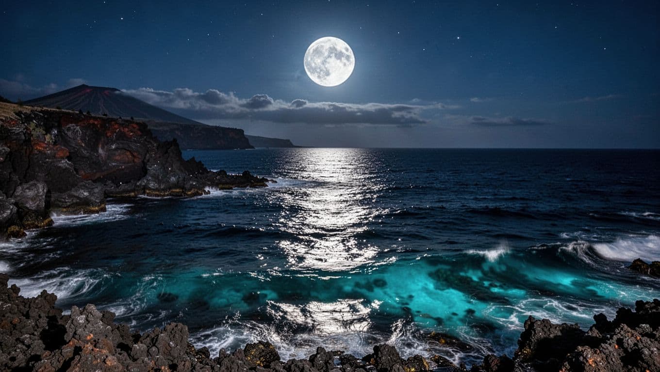 Dark blue ocean waves at night with a soft cyan glow beneath the water surface near a coastline.