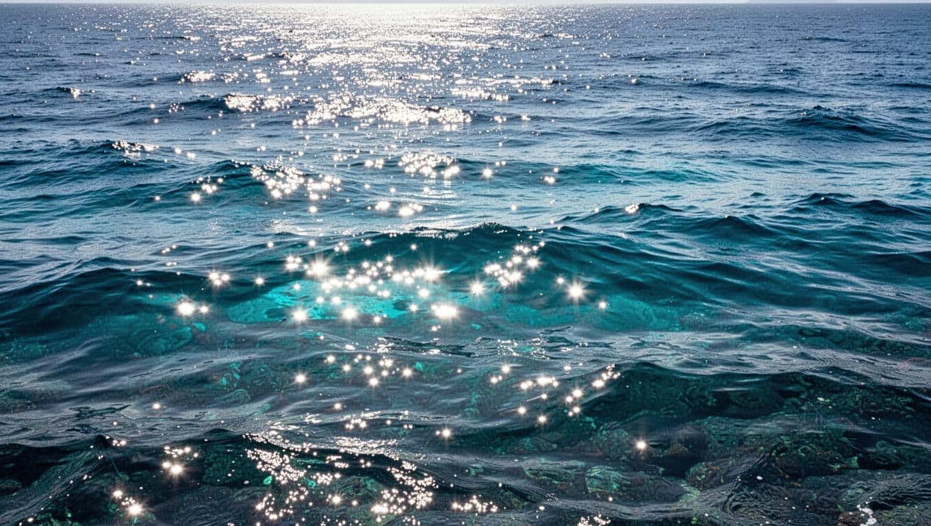 Sunlight reflects off the intense blue surface of the Pacific ocean near the Kona coast. Crisp, high-contrast waves shimmer in shades of deep sapphire and vibrant cyan without any visible distractions.