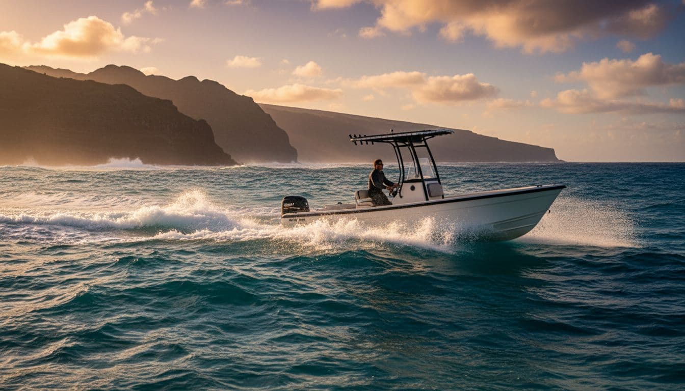 Small powerboat rides moderate ocean swells off rugged Kona coast, turquoise water splashes hull amid distant volcanic cliffs.