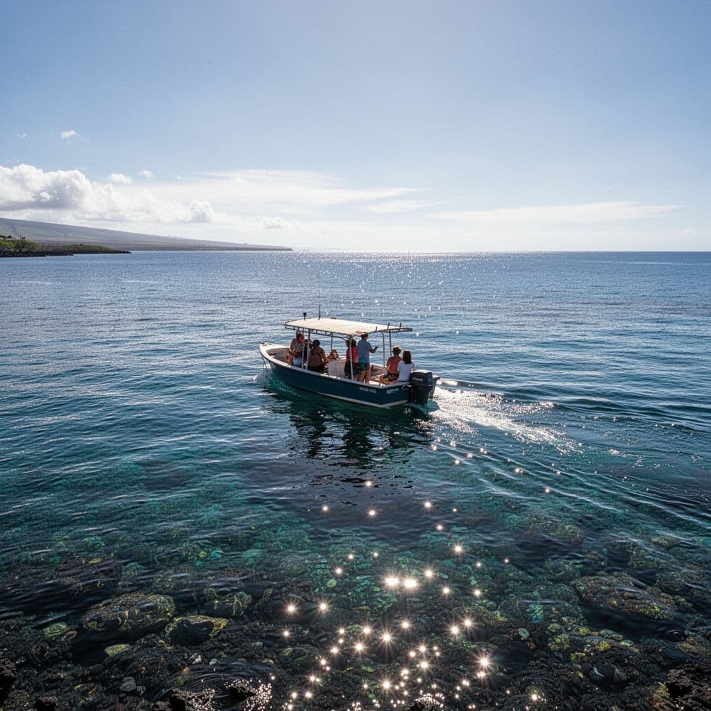 A boat cruises across the clear blue water of the Kona coast under bright sunlight.