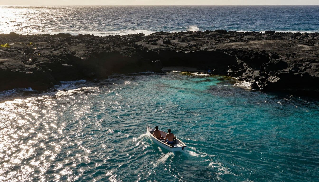 A small boat with two snorkelers travels toward a sheltered bay beside lava cliffs.