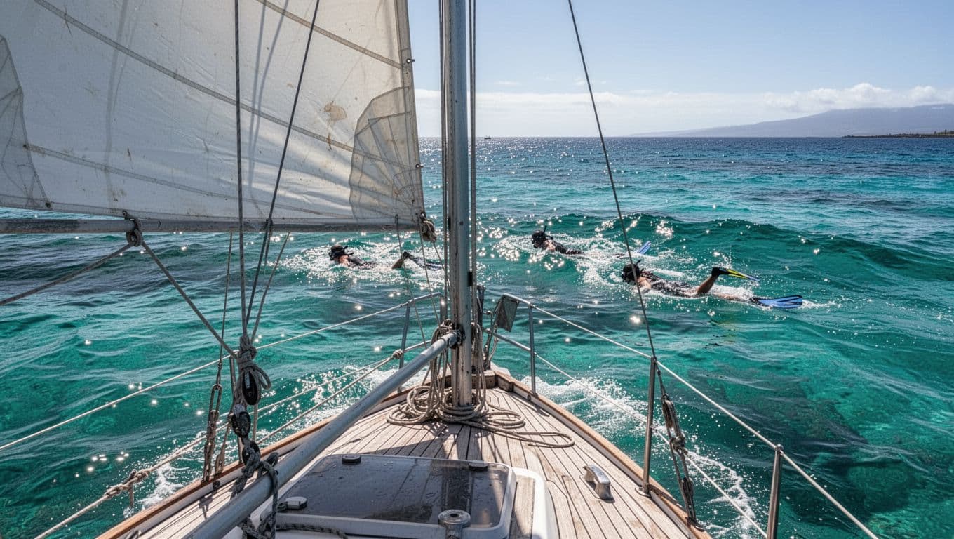 A view from a wooden boat deck overlooks vibrant turquoise water where snorkelers float near the surface. Sunlight reflects off the rolling waves on a bright and clear tropical day.