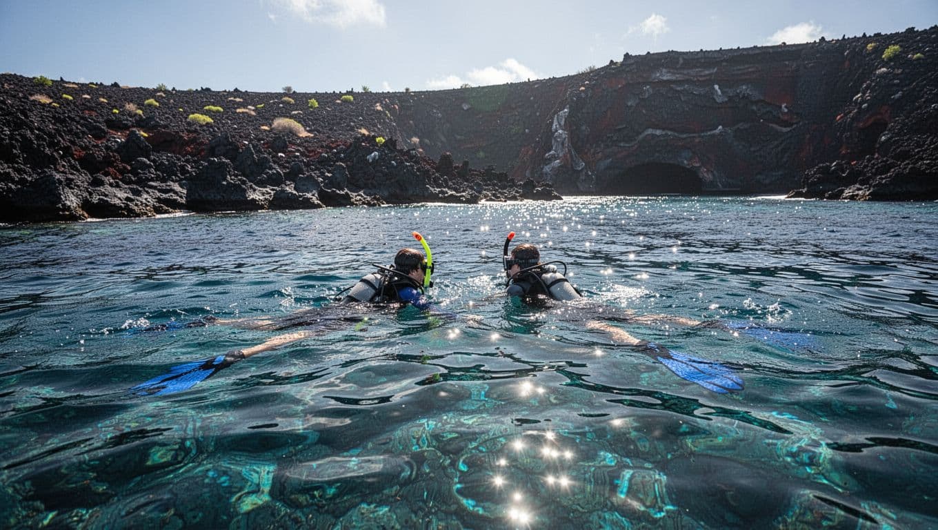 Two snorkelers float in clear blue water near a volcanic coast.