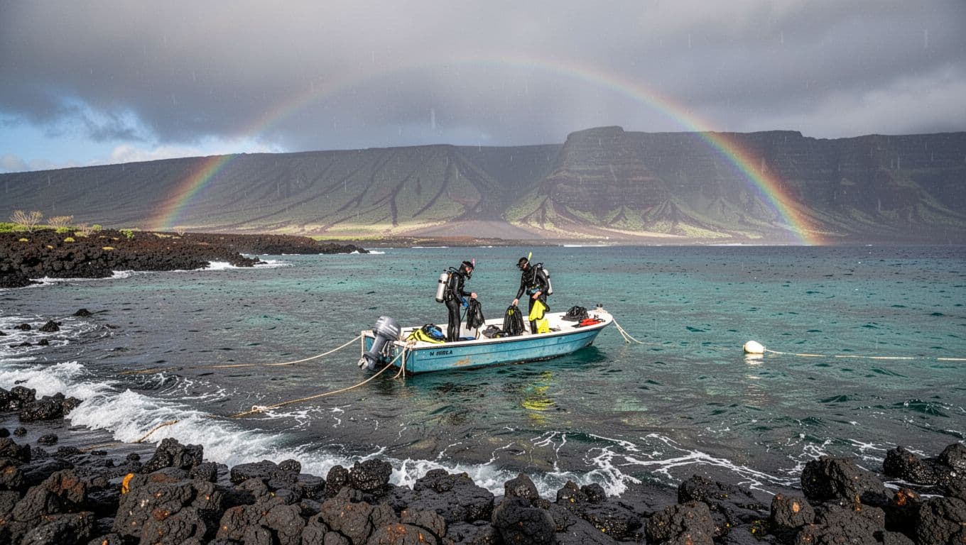 Calm turquoise bay on the Kona coast of Big Island, Hawaii, after rain, with gentle waves lapping black lava rock shore, distant volcanic cliffs under a clearing sky featuring a rainbow arc, and a snorkel boat anchored offshore with exactly two people preparing gear.