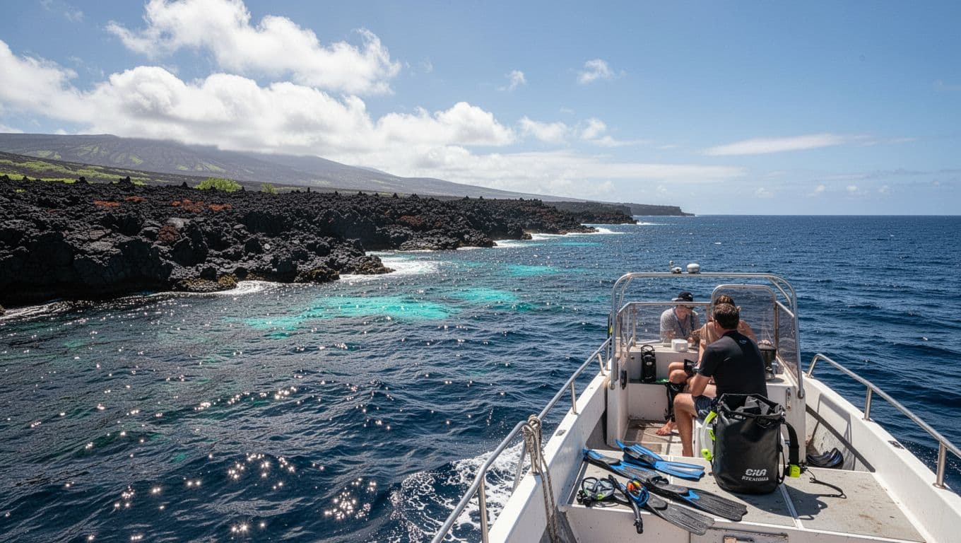 A small motorboat travels past the black lava coast with snorkeling gear onboard.