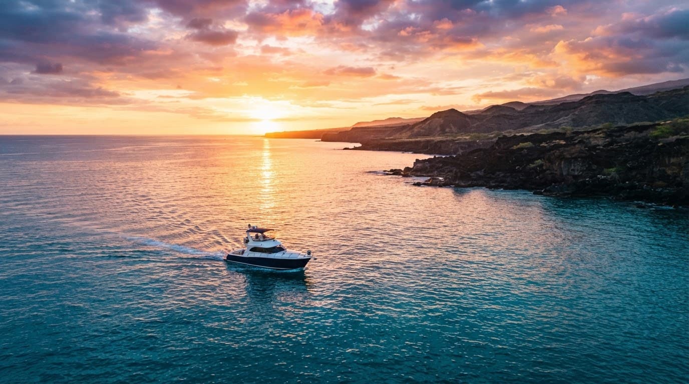 A sleek charter boat cruises calm turquoise waters along a volcanic coastline during sunset.