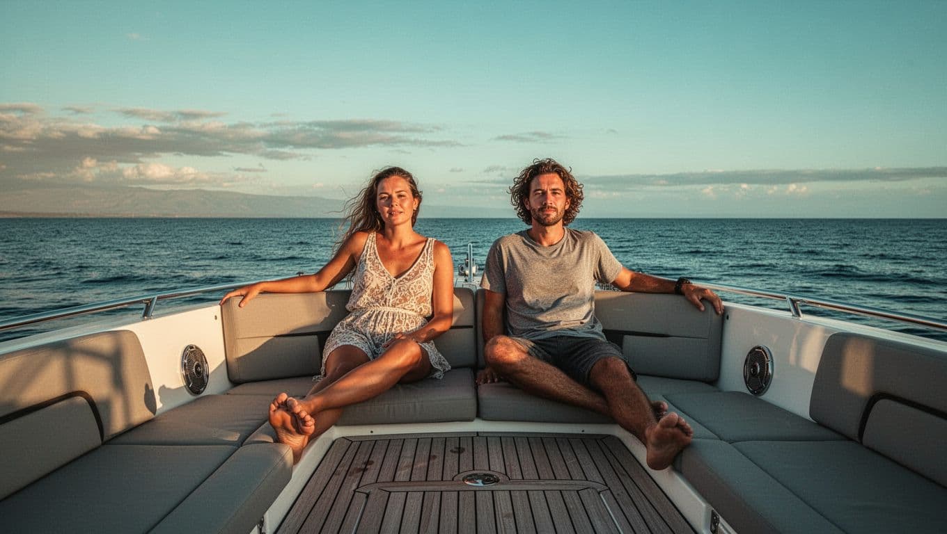 Two people relaxing on a boat deck during a golden sunset cruise off Hawaii.