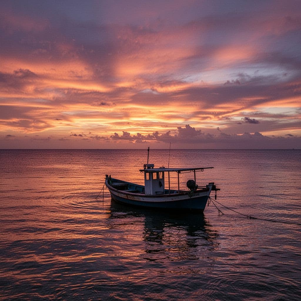 A calm Pacific ocean reflects deep purple and orange hues from the twilight sky off the Kona coast. A dark boat silhouette rests quietly on the water near the foreground.