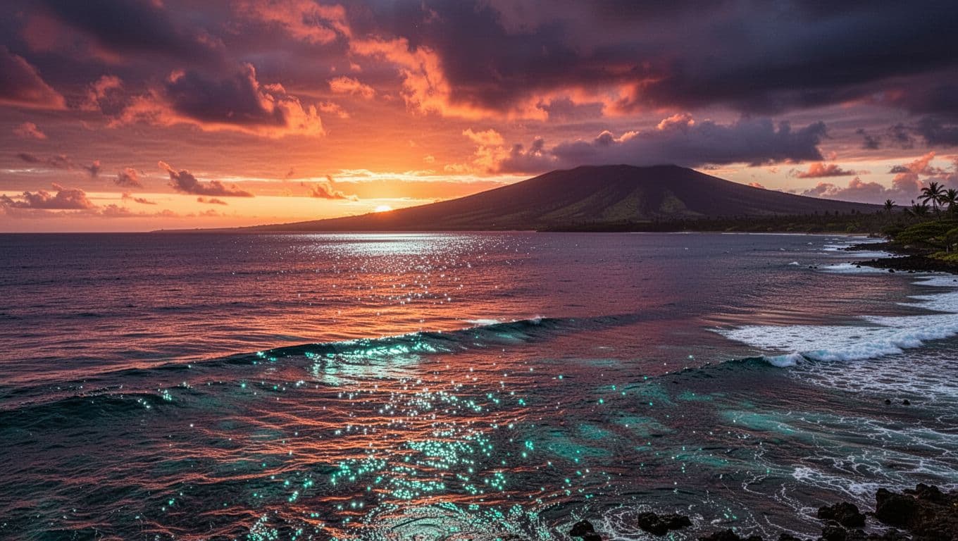 A vibrant sunset casts deep orange and purple tones across the calm Pacific ocean near Kona. Silhouetted volcanic terrain lines the distant horizon while sparkling cyan reflections dance on the water.