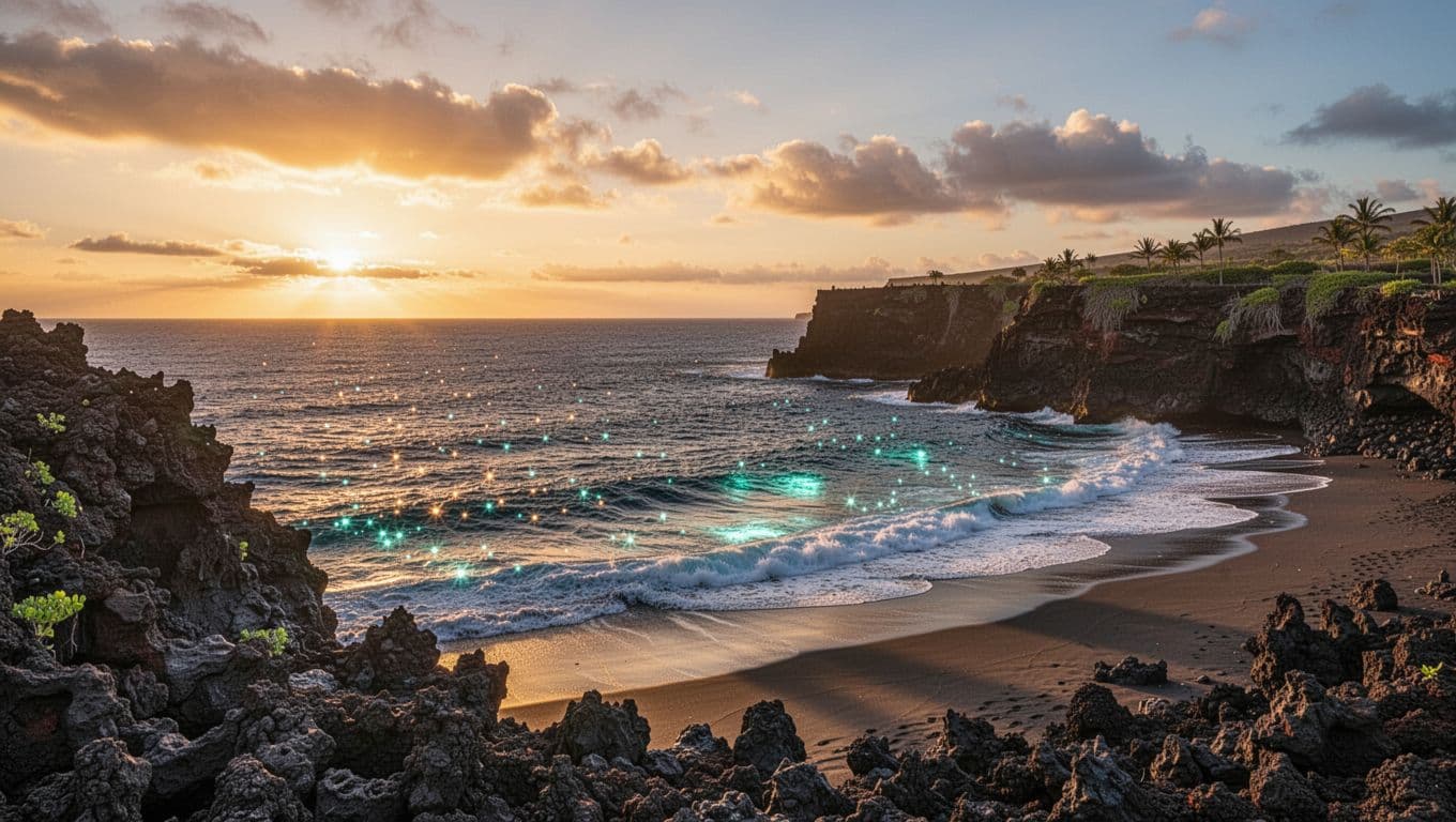 The deep blue ocean laps against jagged black volcanic rocks under a vibrant sunset sky. Sparkling cyan light dances on the water surface, creating a calm and serene evening atmosphere.