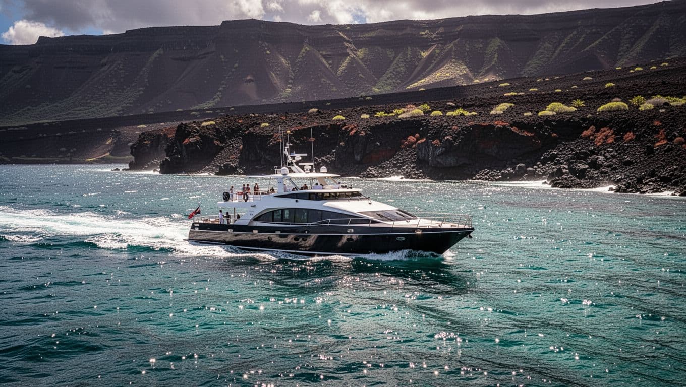A tour boat cruises across bright blue water along Hawaii's volcanic Kona coast.