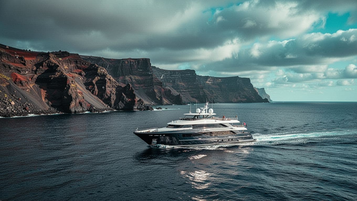 A tour boat cruises beside dark volcanic cliffs under a cloudy sky.