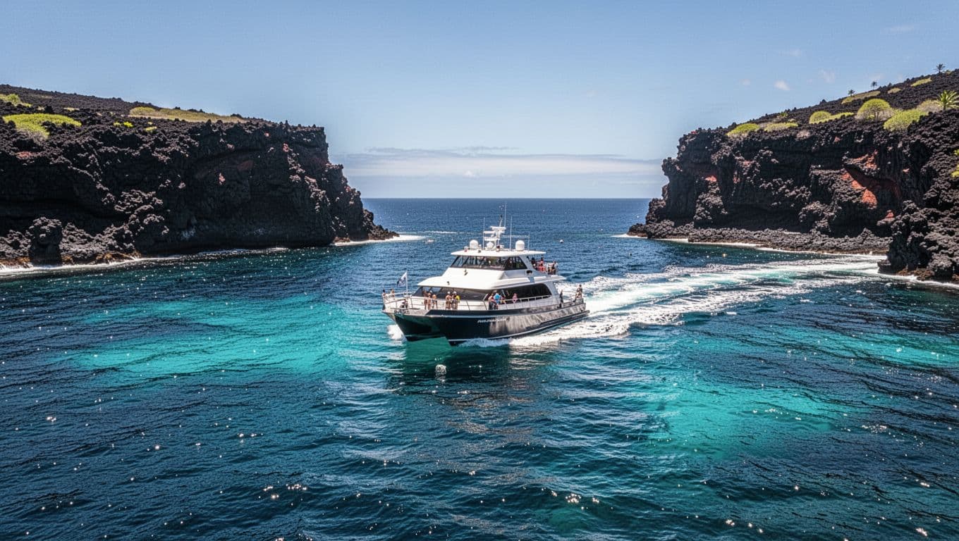 A sleek boat cruising past Kona's black volcanic shoreline on blue ocean water.