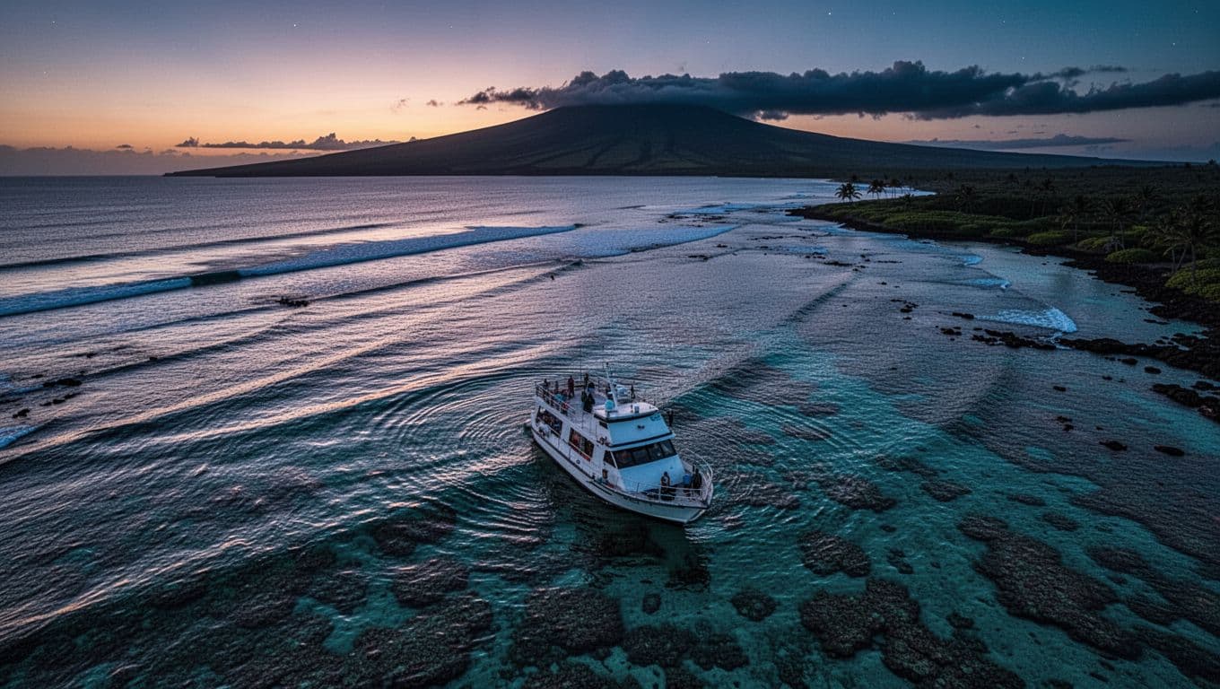 Overhead scenic view of a small professional tour boat anchored near a reef off the Kona coast on Hawaii's Big Island at twilight, with calm waves, silhouetted volcanic coastline, and dramatic sunset lighting evoking trust and safety.