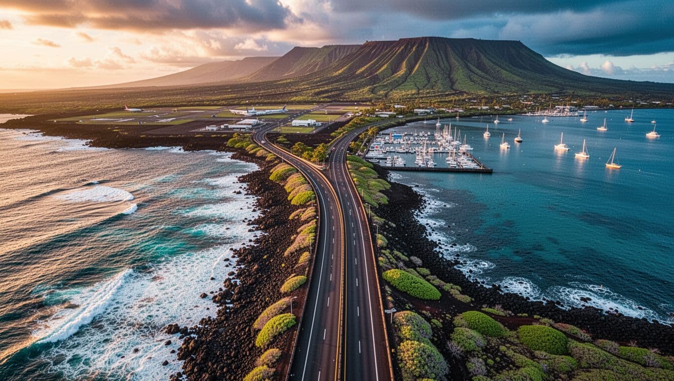 Aerial view of coastal highway from Kona Airport to Honokohau Marina at sunset, turquoise waves on black lava rocks, white boats in harbor, green hills.